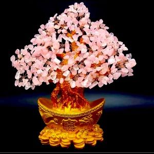 Beautiful pink gemstone lucky golden 🌳 tree 18-20 cm or 7 -8 inches . In box